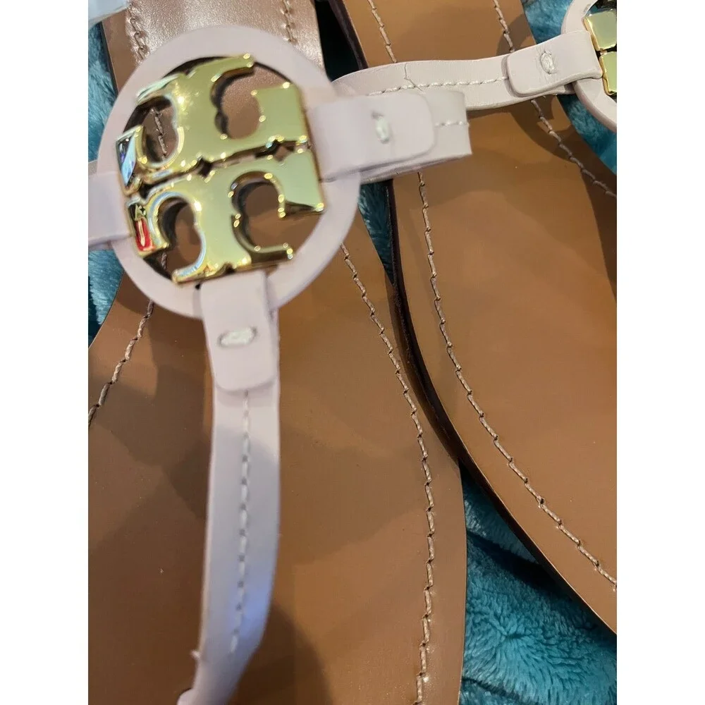 Tory Burch Mini Miller Sandal Square Toe Size 8.5 Pale Pink Gold Leather Thong